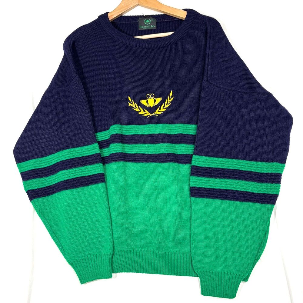 Emerald Isle Mens Sweater XXL Embroidered Claddagh Made‎ in Ireland Preppy